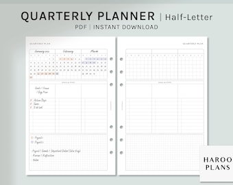 May include: A white quarterly planner with a Half-Letter format, featuring a calendar for January, February, and March 2023. Includes sections for goals, action steps, tasks, and projects. The text "QUARTERLY PLANNER | Half-Letter PDF | INSTANT DOWNLOAD" is at the top.