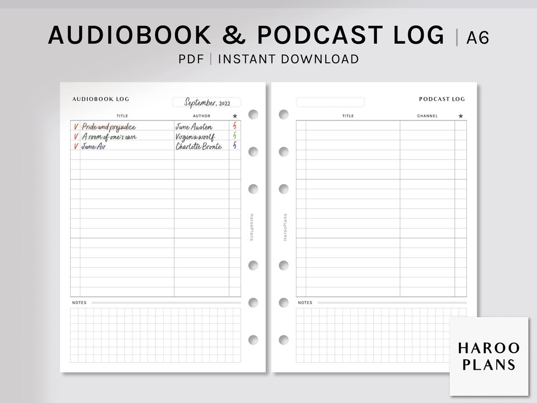 Audiobook and Podcast Log | A6 Printable Planner Inserts | Audible ...