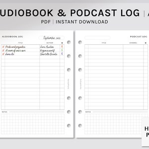 Ljudboks- och poddlogg | Utskrivbara A6-kalenderinlägg | Mall för spårning av ljudböcker | Månatlig lista över ljudböcker i PDF-format | Digital nedladdning