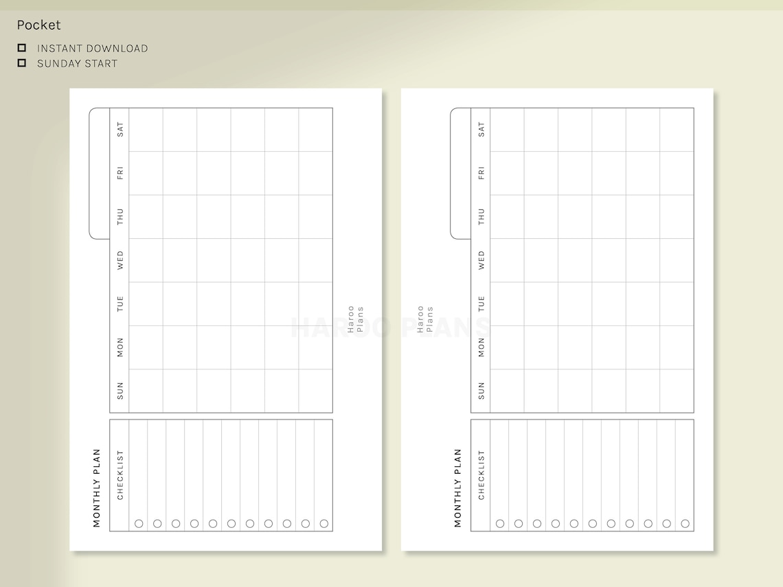 Monthly Planner | Pocket Size Printable Inserts | MO1P Horizontal ...