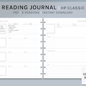 May include: A printable reading journal template for tracking your reading progress. The template features a book cover placeholder, space for ratings, and sections for notes, thoughts, and feelings. The journal is designed for HP Classic planners.