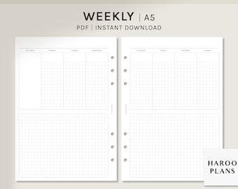 Weekly | A5 Printable Planner Inserts | Undated WO2P Agenda Template | Schedule Organizer | with Grid Notes Sheet PDF | Digital Download