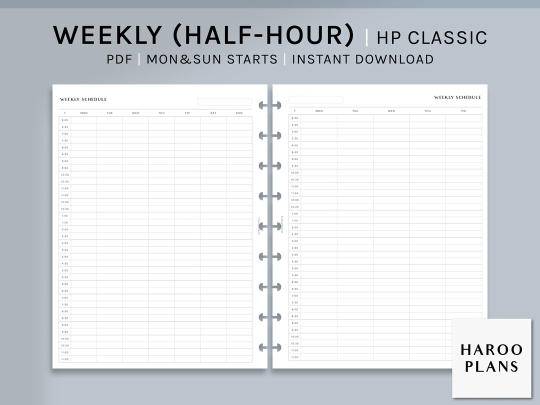 Half Hour Weekly Schedule | HP Classic Printable Happy Planner Inserts ...