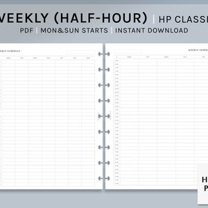 May include: A printable weekly planner with half-hour time slots. The planner is designed for use with a Happy Planner Classic size disc bound system. The planner starts on Monday and Sunday. The text "WEEKLY (HALF-HOUR) | HP CLASSIC" is at the top of the page. The text "PDF | MON&SUN STARTS | INSTANT DOWNLOAD" is below the title. The text "WEEKLY SCHEDULE" is at the top of each page. The text "HAROO PLANS" is at the bottom right corner of the page.