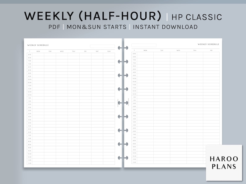 Puede incluir: Un planificador semanal imprimible con intervalos de tiempo de media hora. El planificador est&aacute; dise&ntilde;ado para su uso con un sistema de encuadernaci&oacute;n en disco Happy Planner Classic. El planificador comienza el lunes y el domingo. El texto "WEEKLY (HALF-HOUR) | HP CLASSIC" est&aacute; en la parte superior de la p&aacute;gina. El texto "PDF | MON&SUN STARTS | INSTANT DOWNLOAD" est&aacute; debajo del t&iacute;tulo. El texto "WEEKLY SCHEDULE" est&aacute; en la parte superior de cada p&aacute;gina. El texto "HAROO PLANS" est&aacute; en la esquina inferior derecha de la p&aacute;gina.