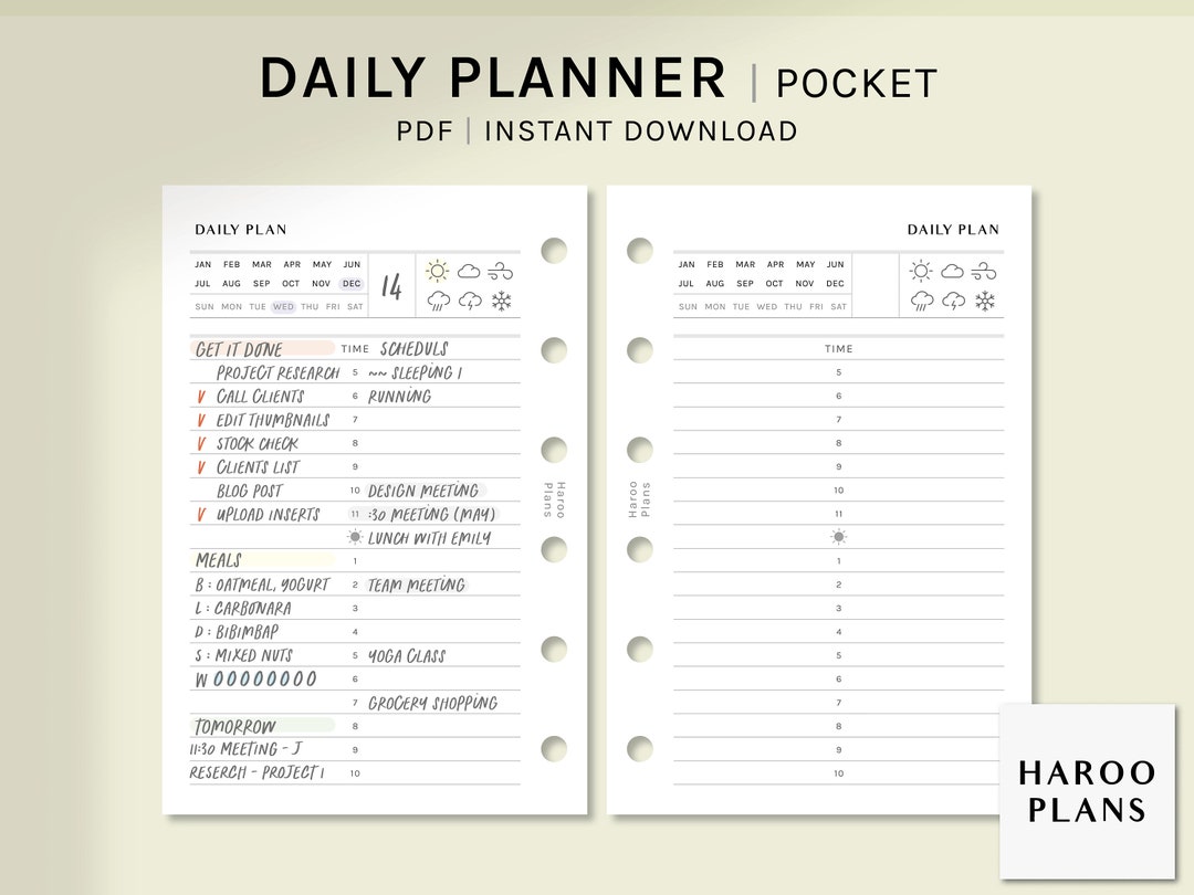 Daily Planner | Pocket Size Printable Inserts | Simple Schedule ...