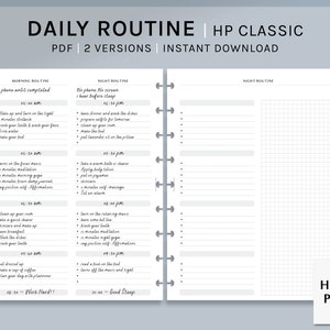Puede incluir: Un planificador de rutina diaria imprimible en formato PDF con dos versiones. El planificador está diseñado para su uso con un planificador de discos Happy Planner Classic. El planificador incluye secciones para la mañana, la noche y una sección de cuadrícula en blanco. El planificador se titula "Daily Routine | HP Classic".