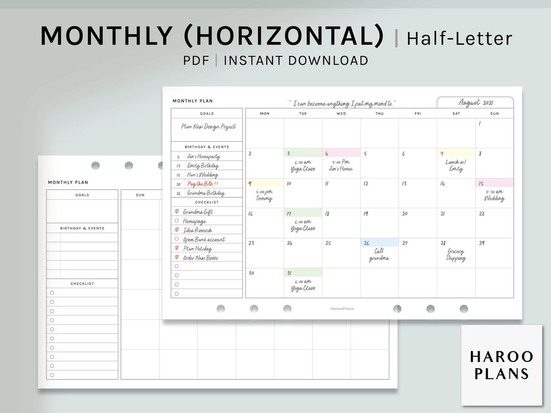 Monthly Planner Half-letter Size Printable Inserts MO1P Horizontal ...