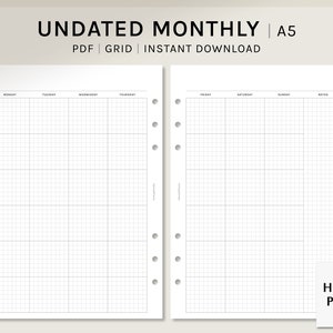 Może przedstawiać: Drukowany, nie datowany miesięczny planer w formacie A5 z siatką. Planer jest podzielony na dwie strony, jedna dla poniedziałku do czwartku, a druga dla piątku do niedzieli. Planer ma prosty design z czarnymi liniami siatki na białym tle.