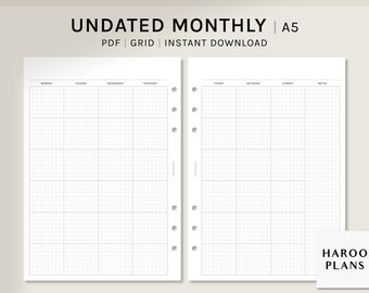 Undated Monthly | A5 Printable Planner Inserts | Grid Layout Calendar Template | MO2P Schedule | Month at a glance PDF | Digital Download