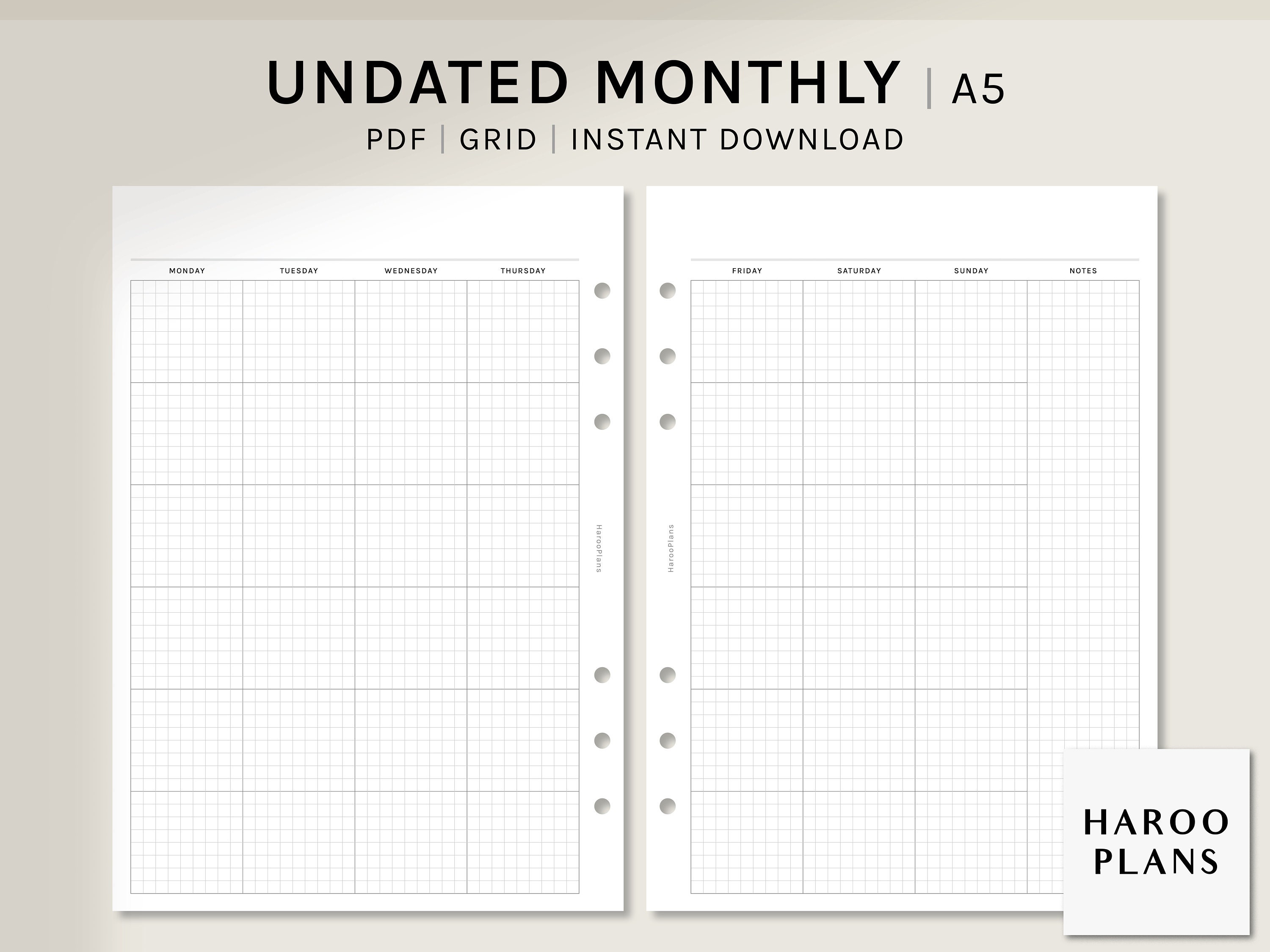 Undated Monthly | A5 Printable Planner Inserts | Grid Layout Calendar ...