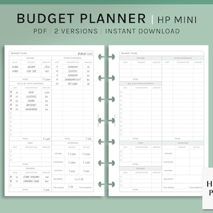 May include: A printable budget planner for the HP Mini planner. The planner has two versions, one for March 2023 and one for a general budget. The planner includes sections for income, bills and fixed expenses, other expenses, debt, overview, and savings.