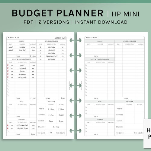 Budget Planner / HP Mini Inserti stampabili / Foglio modello finanziario / Tracker entrate e uscite / Registro mensile PDF / Download digitale