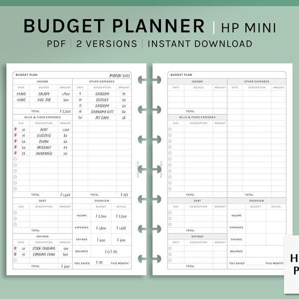 Budget Planner | HP Mini Printable Inserts | Finance Template Sheet | Income and Expense Tracker | Monthly Money Log PDF | Digital Download