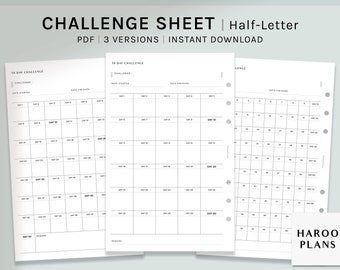 Pode incluir: Três folhas de desafio imprimíveis em preto e branco, com um layout de grade para acompanhar o progresso ao longo de 30, 30 e 50 dias. As folhas são rotuladas como "30 Day Challenge", "30 Day Challenge" e "50 Day Challenge".