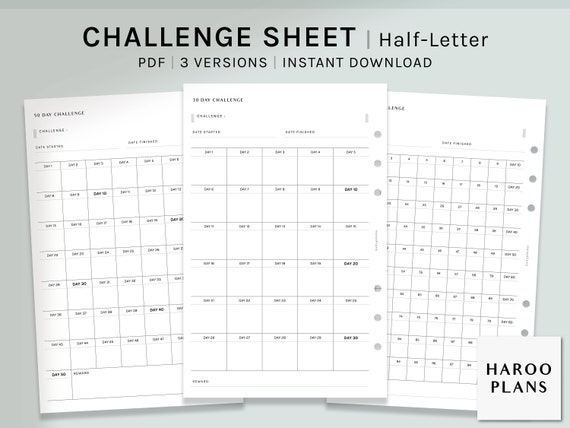Challenge Sheet | Half-Letter Ring | Printable Planner Inserts | 30 50 100 Day Habit Tracker Template Bullet Journal PDF | Digital Download