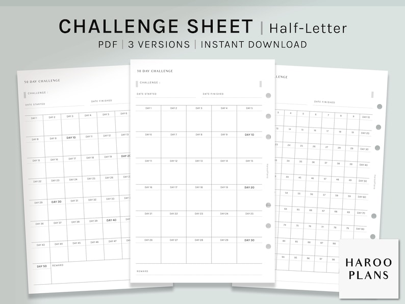 May include: Three printable challenge sheets in black and white, with a grid layout for tracking progress over 30, 30, and 50 days. The sheets are labeled "30 Day Challenge", "30 Day Challenge", and "50 Day Challenge".
