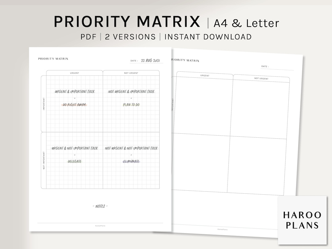Priority Matrix | A4, US Letter Printable Planner Inserts | Urgent ...