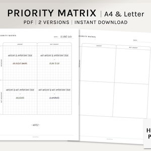Matriz de prioridades / Insertos de planificador imprimibles tamaño A4, tamaño carta de EE. UU. / Plantilla de matriz de importancia urgente / Organizador de productividad PDF / Descarga digital