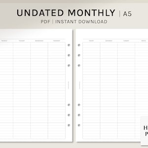 Undated Monthly | A5 Printable Planner Inserts | Blank Calendar Template | MO2P Lined Layout | Month at a glance PDF | Digital Download