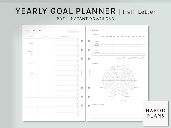 Goal Planner | Half-Letter Printable Inserts | Life Goal Setting Journal Review Template | Action Plan Organizer PDF | Digital Download