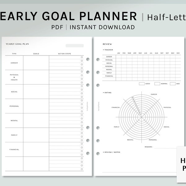 Goal Planner | Half-Letter Printable Inserts | Life Goal Setting Journal Review Template | Action Plan Organizer PDF | Digital Download