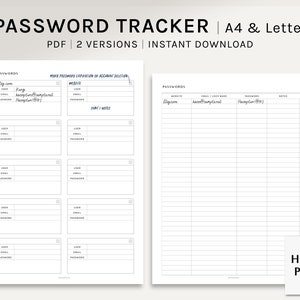 Password Tracker | A4, US Letter Printable Planner Inserts | Password Keeper Log Template | Website Login Organizer PDF | Digital Download