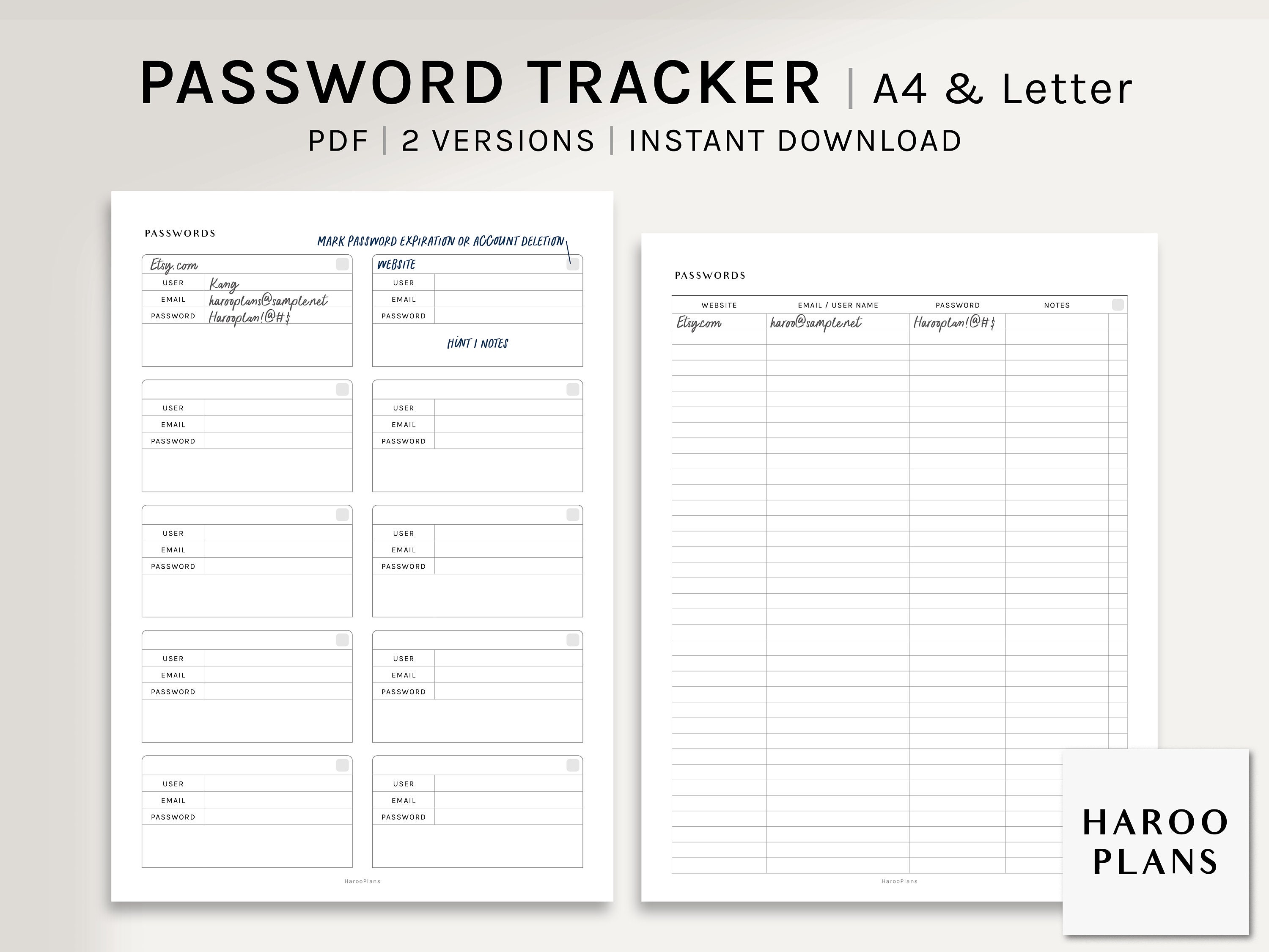 Password Tracker | A4, US Letter Printable Planner Inserts | Password ...