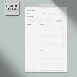 Op de afbeelding: Een printbare reisschema-inzet met secties voor datum, bestemming, nachten, dagen, met, samenvatting, checklist, notities en noodcontact. De planner is ontworpen voor gebruik met een planner van standaardformaat.