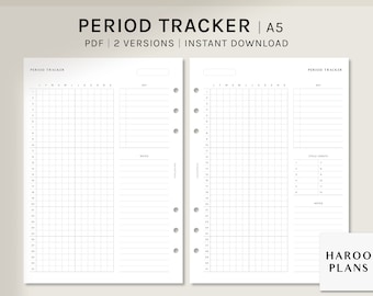 May include: A printable A5 period tracker with two versions. The first version has a grid for tracking periods and a notes section. The second version has a grid for tracking periods, a section for tracking cycle length, and a notes section.