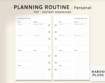 May include: Two-page planner insert with the text "PLANNING ROUTINE | Personal" and "PDF | INSTANT DOWNLOAD". The pages are white with black text, featuring sections for daily, weekly, and monthly planning, with space for notes. The Haroo Plans logo is in the bottom right corner.