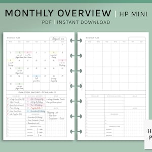 Könnte beinhalten: Ein druckbarer Monats-Planer für HP Mini-Planer. Der Planer verfügt über ein Kalenderrraster mit Platz für Notizen, eine Checkliste, Geburtstage und Ereignisse sowie Ziele. Der Planer enthält auch einen Finanzplan-Bereich mit Platz für Budget, Ist-Wert und Ersparnisse.