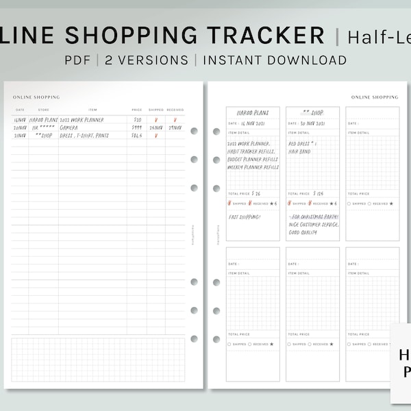 | de suivi des achats en ligne Inserts de planificateur imprimables d’une demi-lettre | | modèle de liste de commandes Suivi de la feuille de calcul d’achat PDF | Téléchargement numérique