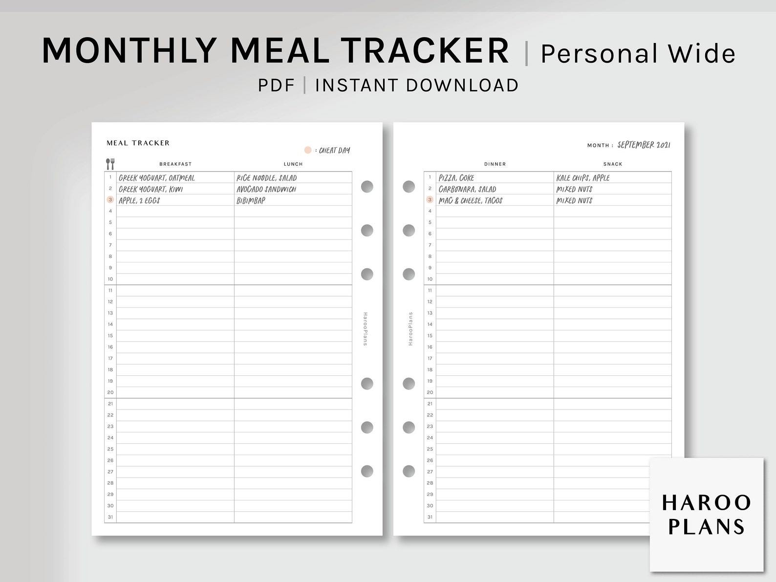 Monthly Meal Tracker | Personal Wide Printable Planner Inserts | Diet ...