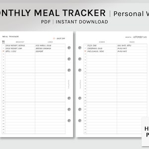 Puede incluir: Un planificador de seguimiento de comidas mensual imprimible en formato PDF. El planificador tiene un fondo blanco con texto negro e incluye secciones para el desayuno, el almuerzo, la cena y los refrigerios. El planificador está diseñado para uso personal y está disponible para descarga instantánea.