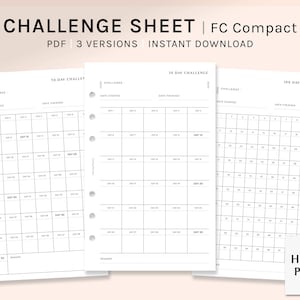 Challenge Sheet | FC Compact size Printable Planner Inserts | 30 50 100 Day Habit Tracker Template | Goal Planning PDF | Digital Download