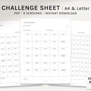 Challenge Sheet | A4, US Letter | Printable Planner Inserts | 30 50 100 Day Habit Tracker Template Bullet Journal PDF | Digital Download image 1