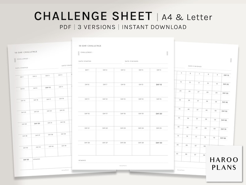 Challenge Sheet | A4, US Letter | Printable Planner Inserts | 30 50 100 Day Habit Tracker Template Bullet Journal PDF | Digital Download image 1