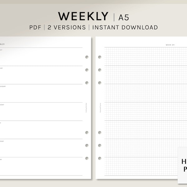 Undated Weekly | A5 | Printable Planner Inserts | WO1P Layout with Grid Notes | PDF Template | Digital Download