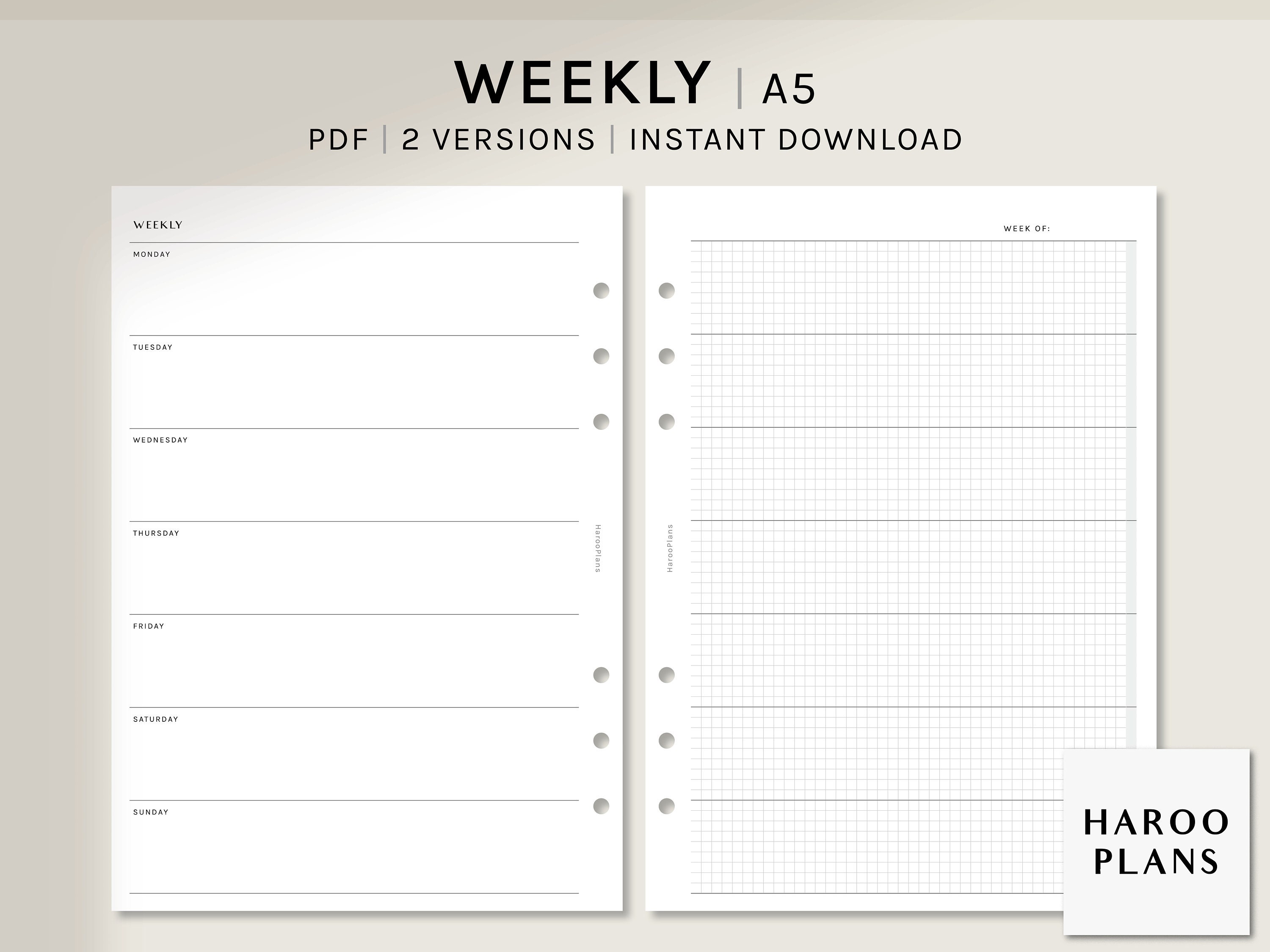 Undated Weekly | A5 | Printable Planner Inserts | WO1P Layout With Grid ...