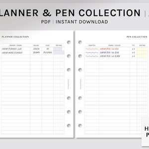 Planner & Pen Collection | A6 Size Printable Planner Inserts | Pen Swatches Tracker | Stationery Review Log Sheet PDF | Digital Download