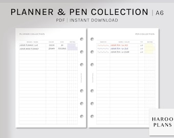 Planner & Pen Collection | A6 Size Printable Planner Inserts | Pen Swatches Tracker | Stationery Review Log Sheet PDF | Digital Download