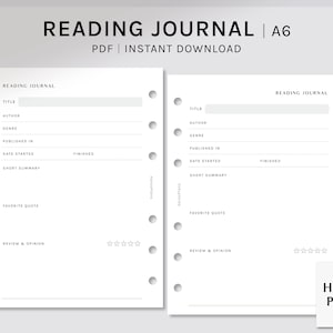 Reading Journal Printable | A6 | Book Notes Template PDF | Simple Book Log Layout Pages | Digital Download
