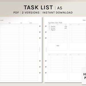 Task List | A5 Printable Planner Inserts | To Do List Template | Project Checklist Sheet | Assignment Tracker PDF | Digital Download