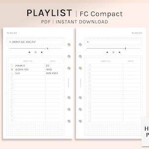 Playlist Sheets | FC Compact Printable Planner Inserts | Music List Journal Template PDF | My Favorite Song Tracker | Digital Download