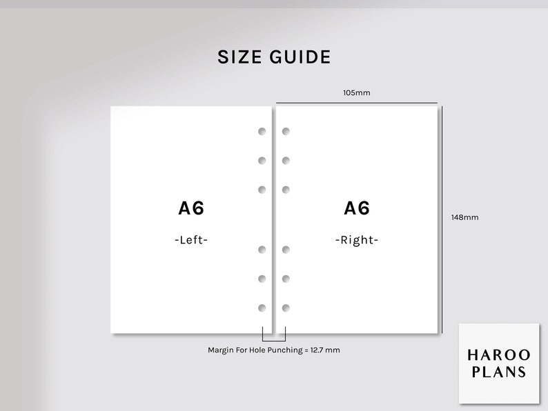 May include: A size guide for A6 paper, showing the dimensions of the paper and the margin for hole punching. The paper is 105 mm wide and 148 mm tall, with a 12.7 mm margin for hole punching.