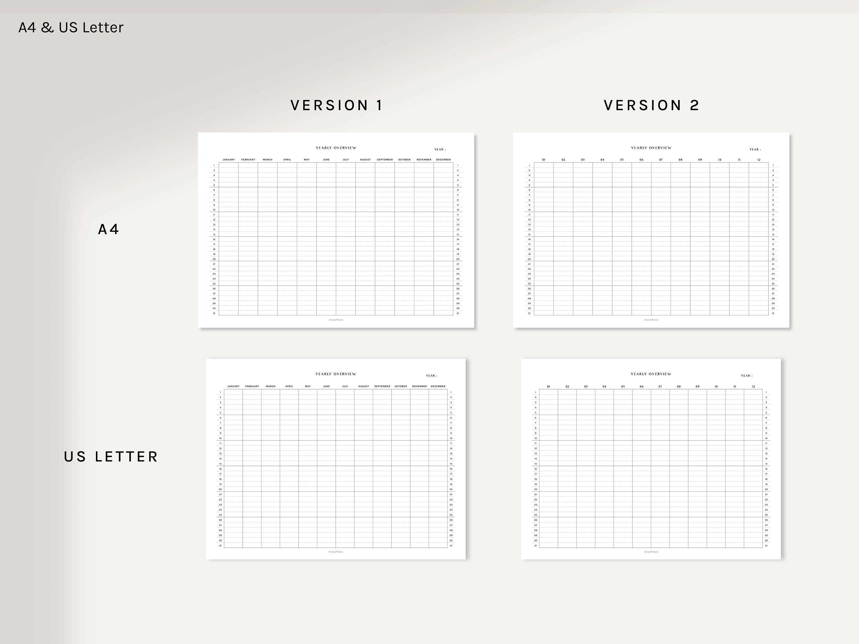 Undated Yearly Overview | A4, US Letter Printable Planner | Blank Year ...