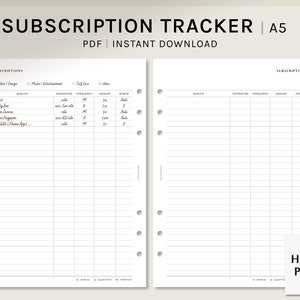 Subscription Tracker | A5 Printable Planner Inserts | Monthly Membership Service List Template | Expense Log Worksheet PDF| Digital Download