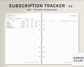 May include: A printable subscription tracker in A5 size, with a PDF instant download option. The tracker has columns for service, expiration date, frequency, amount, and renew. The tracker is divided into two sections, one for subscriptions and one for other expenses.