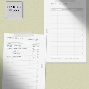 May include: A printable expense tracker with a white background and black text. The tracker includes columns for date, description, and amount. There are checkboxes for credit card, debit card, and cash payment methods. The tracker is titled "Expense Tracker" and includes the dates "30AUG-05SEP".
